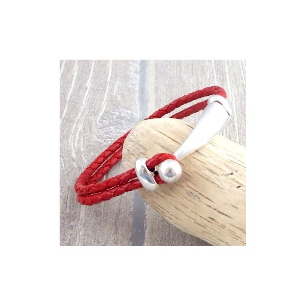 kit bracelet cuir tresse rouge fermoir crochet boule argent
