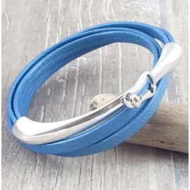 kit tutoriel bracelet cuir bleu metal double et fermoir crochet argent 