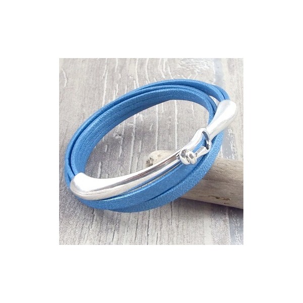 kit tutoriel bracelet cuir bleu metal double et fermoir crochet argent 