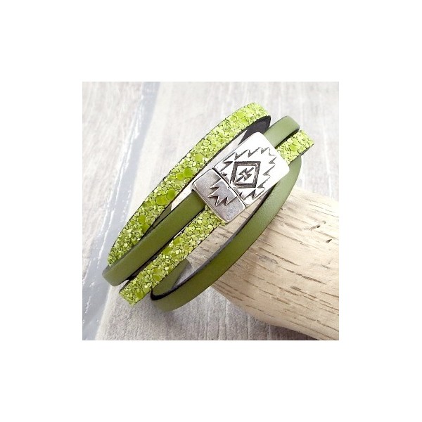 Kit bracelet cuir vert anis double fermoir inca argent