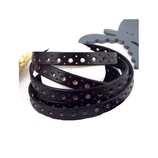 cordon cuir plat 10mm noir perfore cercles cuir veau