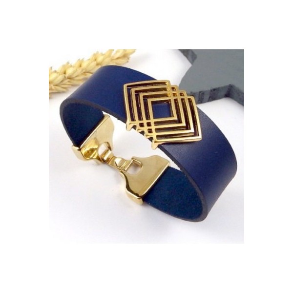 Bracelet manchette cuir bleu marine et or