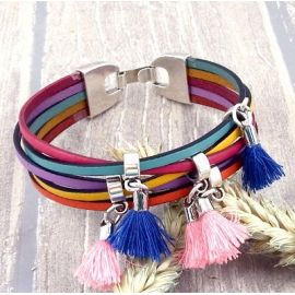 Kit bracelet cuir arc en ciel pompons