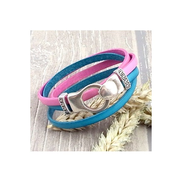 Kit bracelet cuir turquoise et rose boucle argent