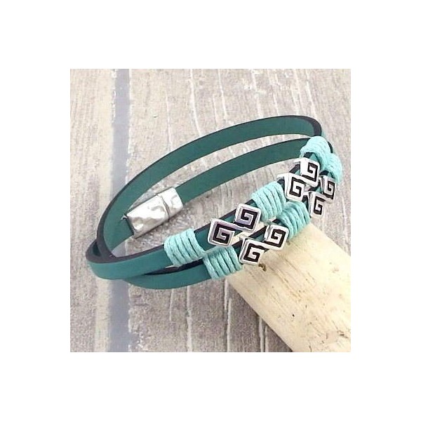 Kit bracelet cuir ethnique chic vert océan fermoir argent