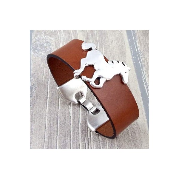 Kit bracelet cuir camel et cheval argent manchette