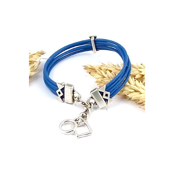 Kit bracelet cuir 5 cordons bleu avec breloques argent
