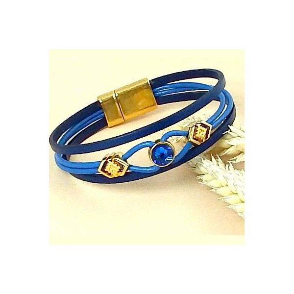 Kit tutoriel bracelet cuir bleu vif cristal swarovski avec perles et fermoir or