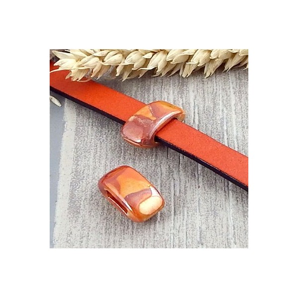Passant céramique artisanale orange nacré pour cuir plat 10mm