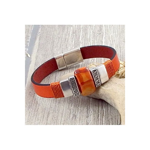 Bracelet réalisé avec Passant céramique artisanale orange nacré 