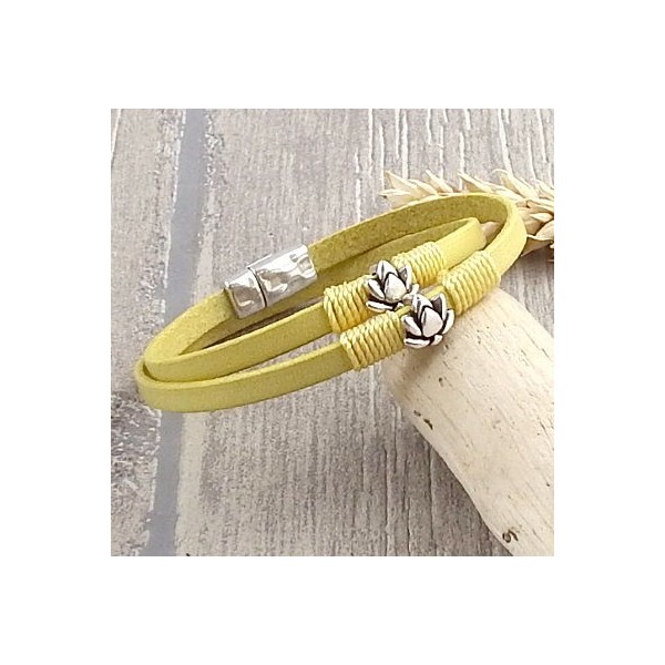 Kit bracelet cuir jaune pastel lotus argent