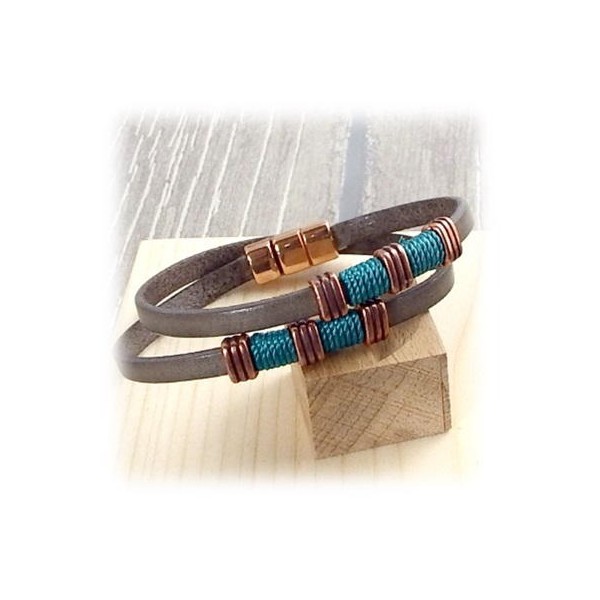 Kit tutoriel bracelet cuir boho gris turquoise et cuivre