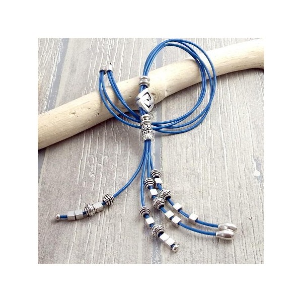 Kit collier cuir bleu boho style perles argent