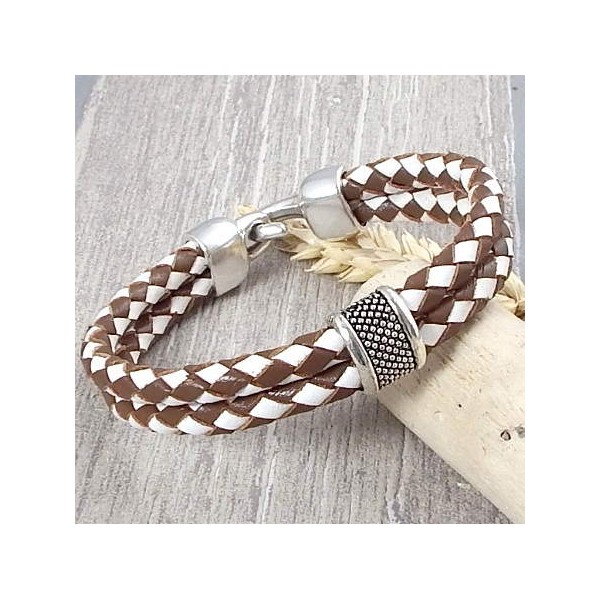 Kit bracelet cuir tresse marron et blanc perles et fermoir argent