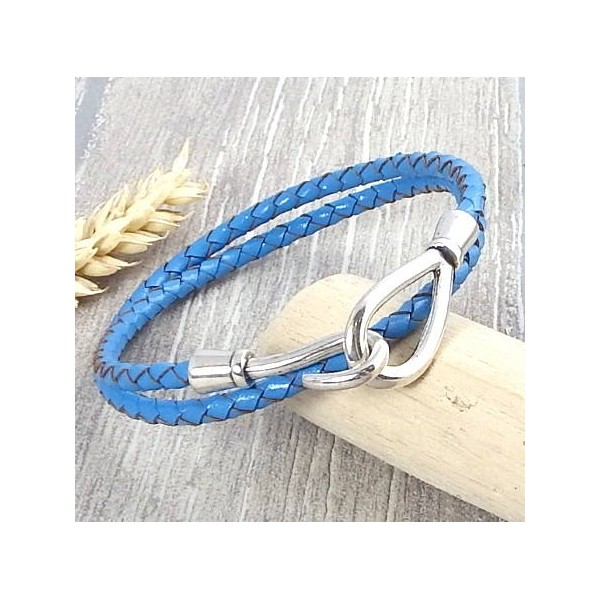 Kit tutoriel bracelet cuir tresse bleu en double fermoir crochet argent