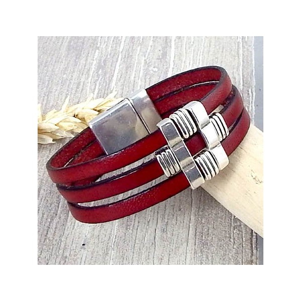 Kit bracelet cuir bordeaux et argent géométrique