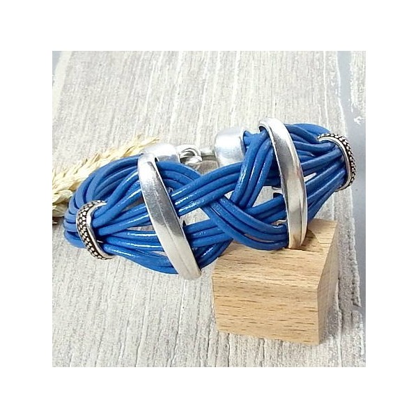 Kit bracelet cuir tresse bleu vif et argent avec tutoriel