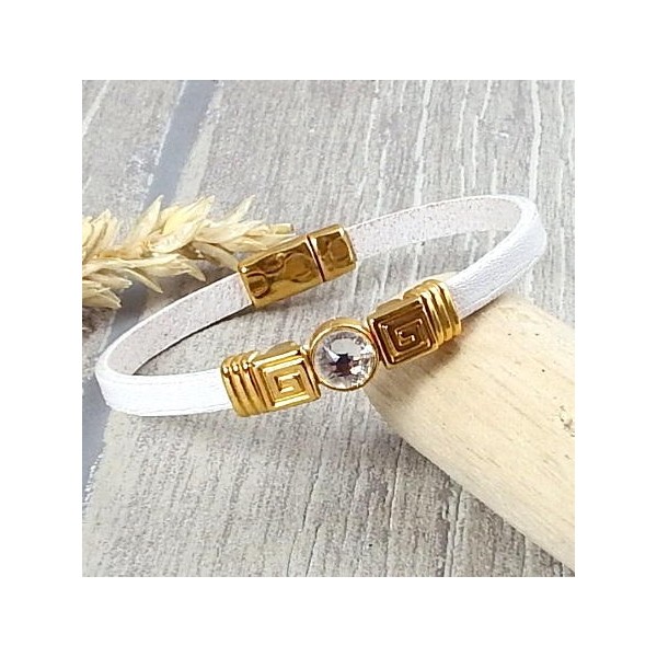 Kit bracelet cuir blanc perles or et cristal swarovski cristal
