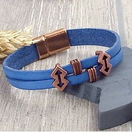 Kit bracelet cuir bleu indigo fleches et fermoir cuivre