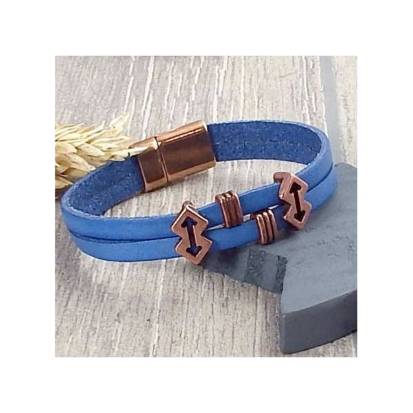 Kit  bracelet cuir bleu indigo fleches et fermoir cuivre 