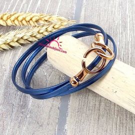 Kit bracelet en cuir fin bleu metal avec fermoir menottes or rose