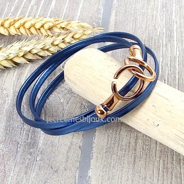 Kit bracelet en cuir fin bleu metal avec fermoir menottes or rose