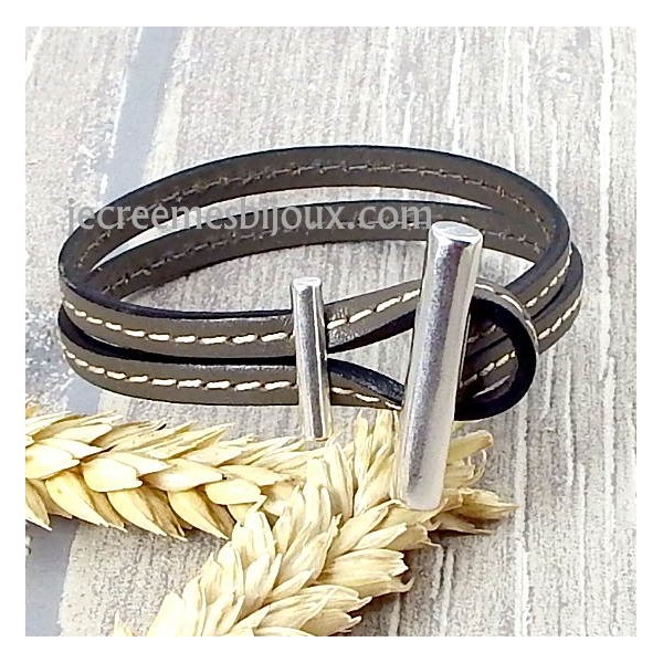 Kit bracelet cuir taupe coutures fermoir vertical toogle argent