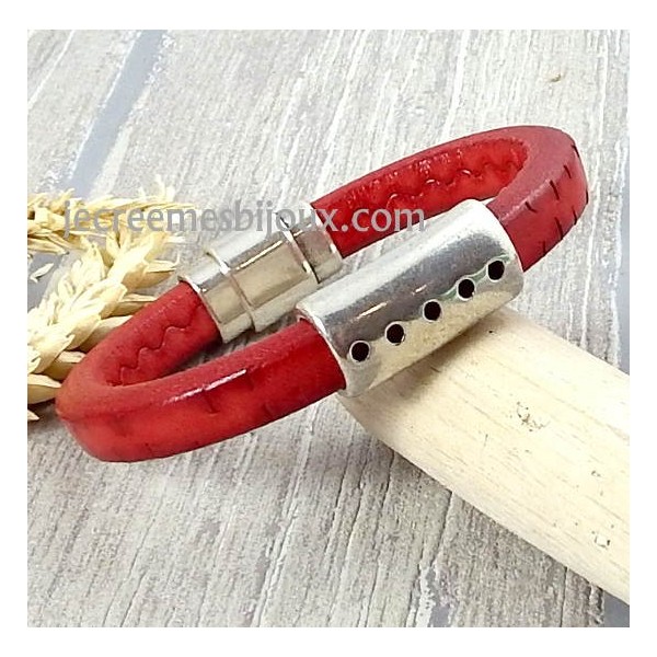 Kit tutoriel bracelet cuir regaliz rouge vintage perle tube argent