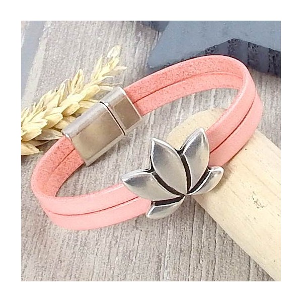 Kit bracelet cuir boho saumon pastel fleur lotus argent
