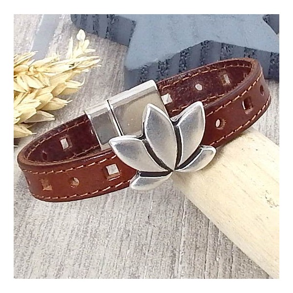 Kit bracelet cuir marron coutures fleur lotus argent