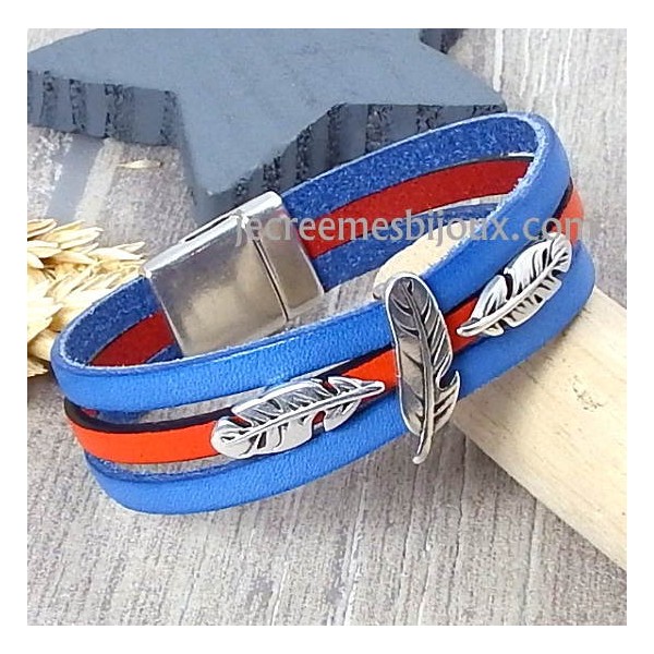 Kit bracelet cuir bleu et orange boho plumes argent