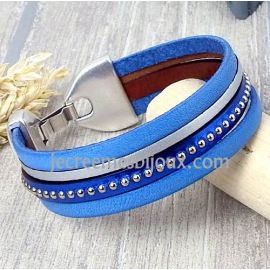 Kit tutoriel bracelet cuir bleu et metal clous argent