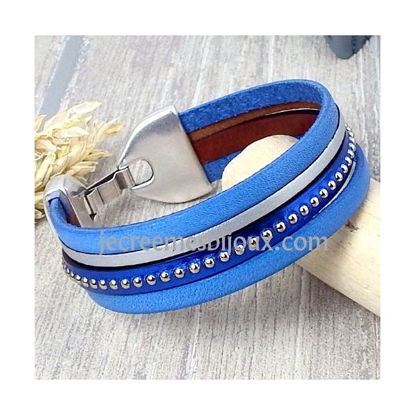 Kit tutoriel bracelet cuir bleu et metal clous argent