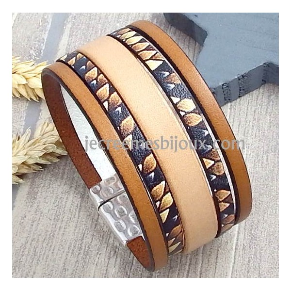 Kit bracelet cuir imprime iguane marron et beige fermoir martele argent et son tutoriel