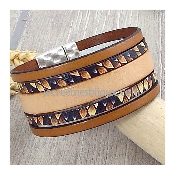 Kit bracelet cuir imprime iguane marron et beige fermoir martele argent et son tutoriel