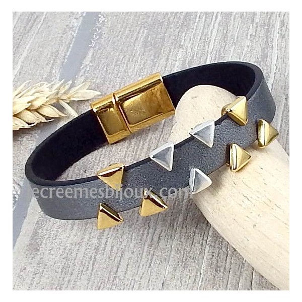 Kit  bracelet cuir argent vieilli triangles argent et or