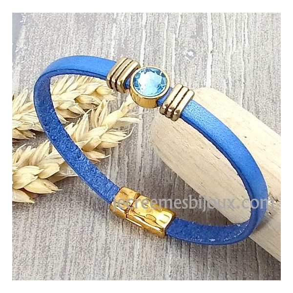 Kit bracelet cuir bleu jean perles or et cristal swarovski aqua