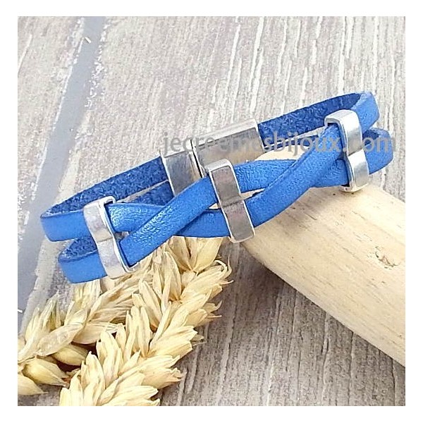 Kit bracelet cuir bleu jean croise argent