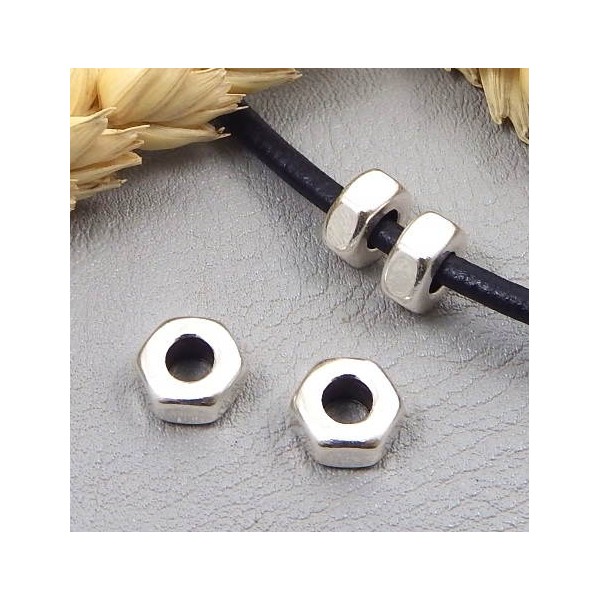 2 perles style ecrou design inox pour cuir 4mm