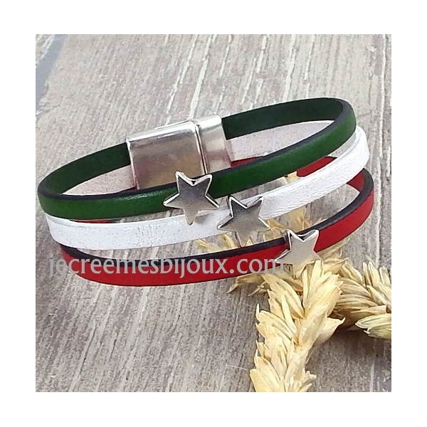 Kit bracelet cuir Noel etoiles vert rouge blanc