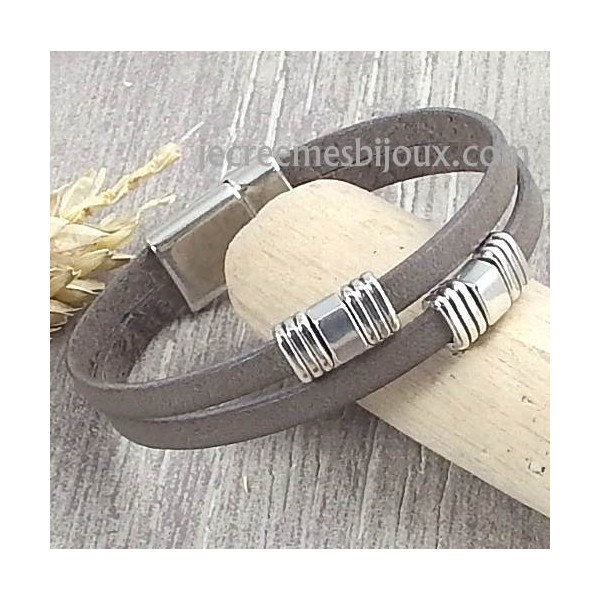 Kit bracelet cuir gris vintage deux bandes argent