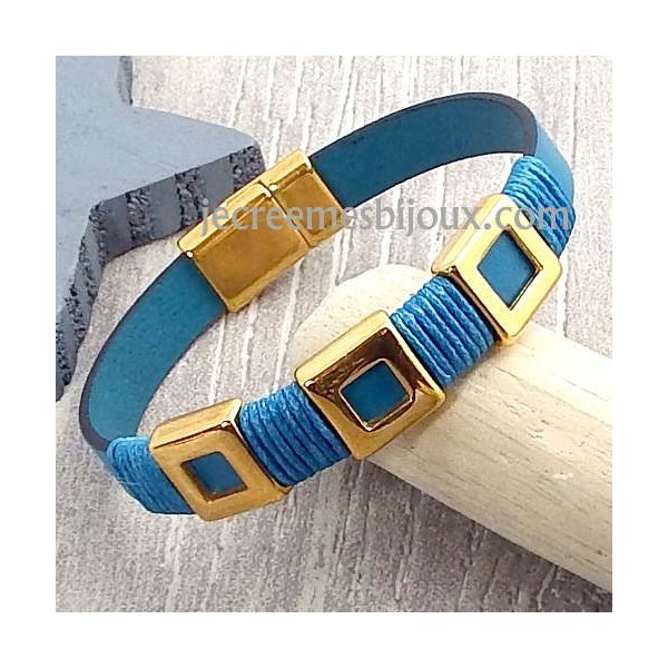 Kit bracelet cuir turquoise seventies et flashe or avec tutoriel