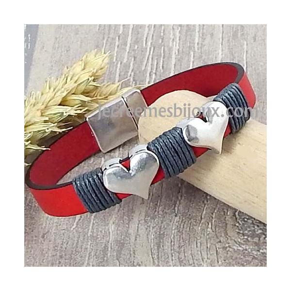 Kit bracelet cuir Saint Valentin rouge gris et argent coeur