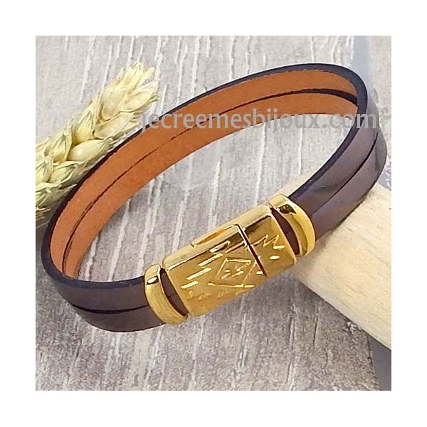 Kit bracelet cuir couleur inox avec passant et fermoir or style azteque
