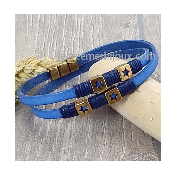 Kit tutoriel bracelet cuir bleu  jean passants et fermoir bronze