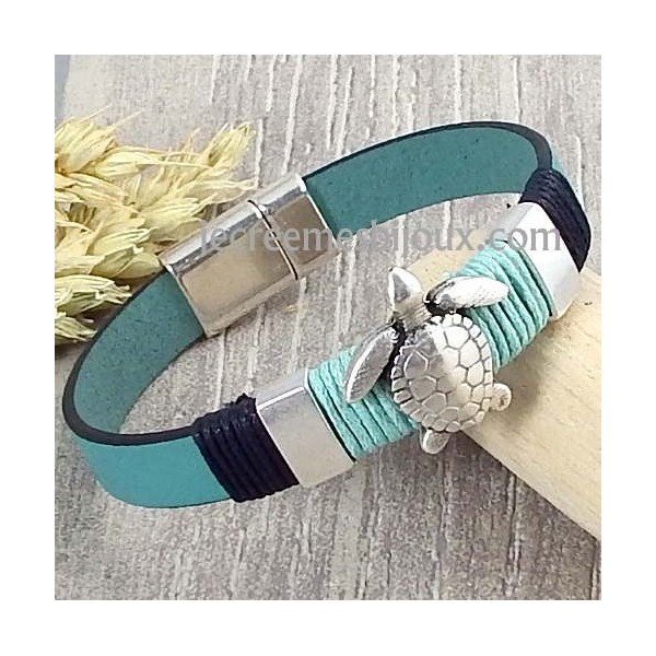 Kit bracelet cuir vert ocean tortue et fermoir argent