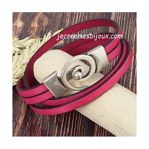 Kit tutoriel bracelet cuir fuchsia double spirale argent