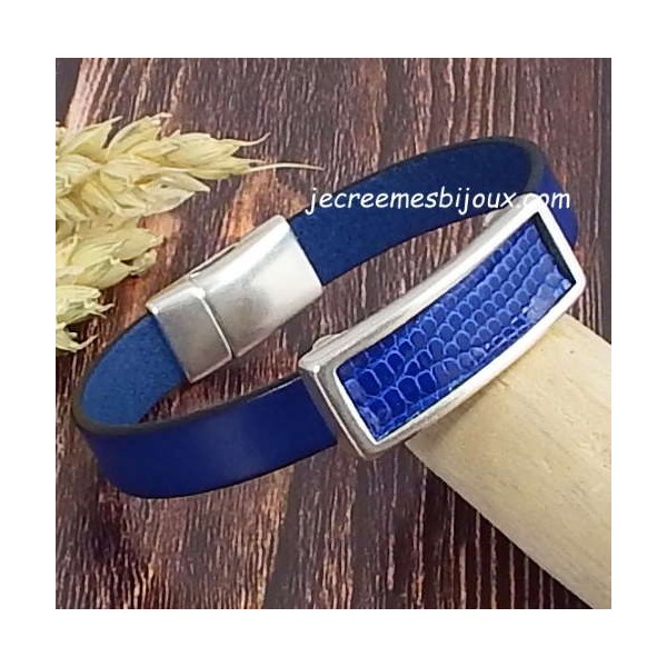 Kit bracelet cuir bleu vif avec cabochon lezard bleu et argent