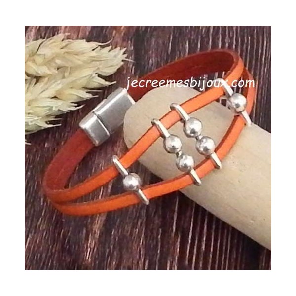 Kit tutoriel bracelet cuir orange passants grains argent et fermoir magnétique