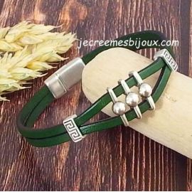 Kit tutoriel bracelet cuir vert printemps boho style argent et fermoir magnétique